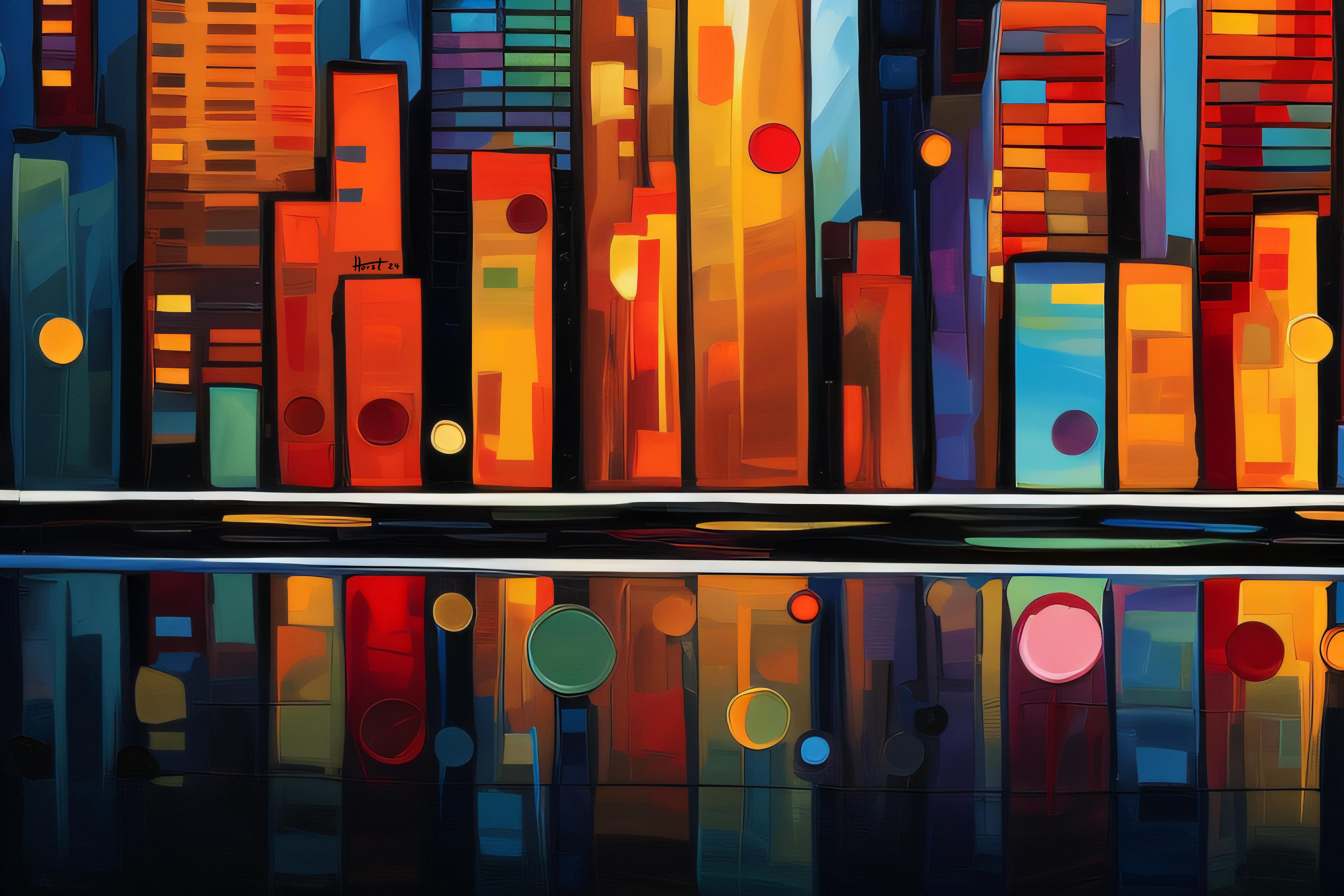 "Metropolis" by Felix van Horst presents a vibrant interpretation of an urban skyline, teeming with energy and movement.