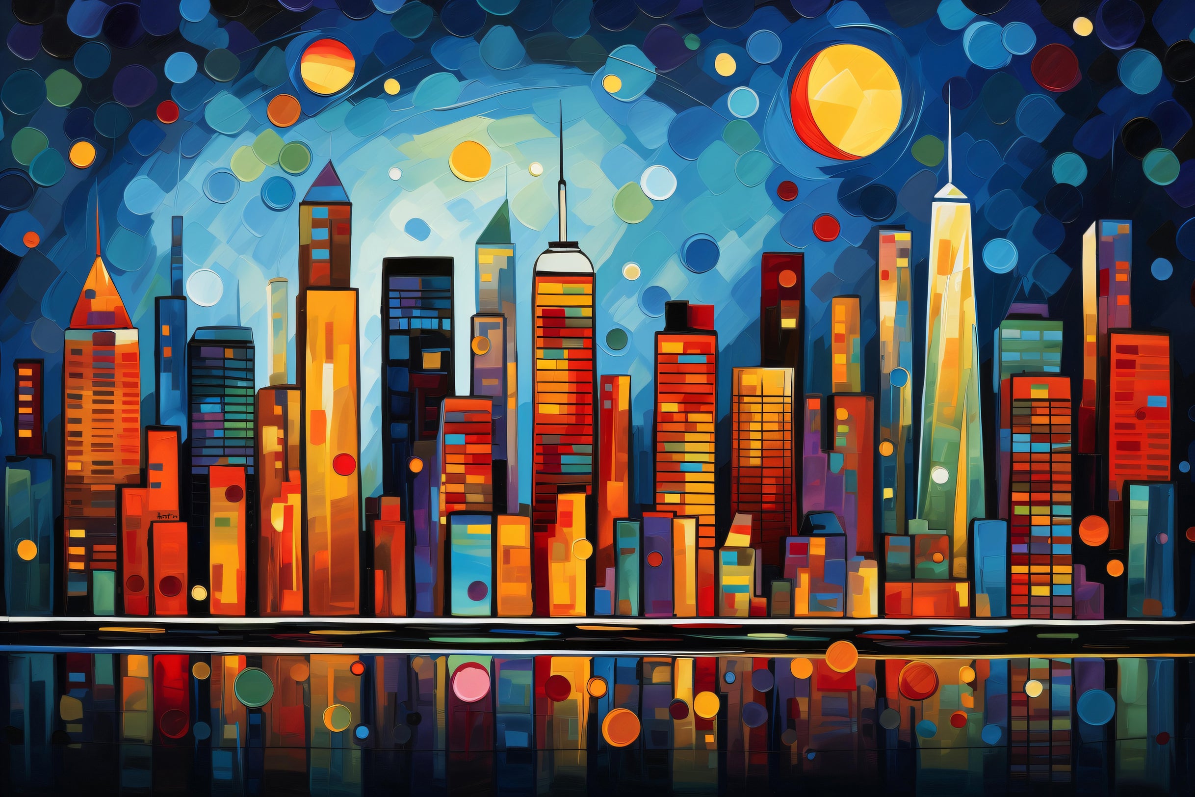 "Metropolis" by Felix van Horst presents a vibrant interpretation of an urban skyline, teeming with energy and movement.