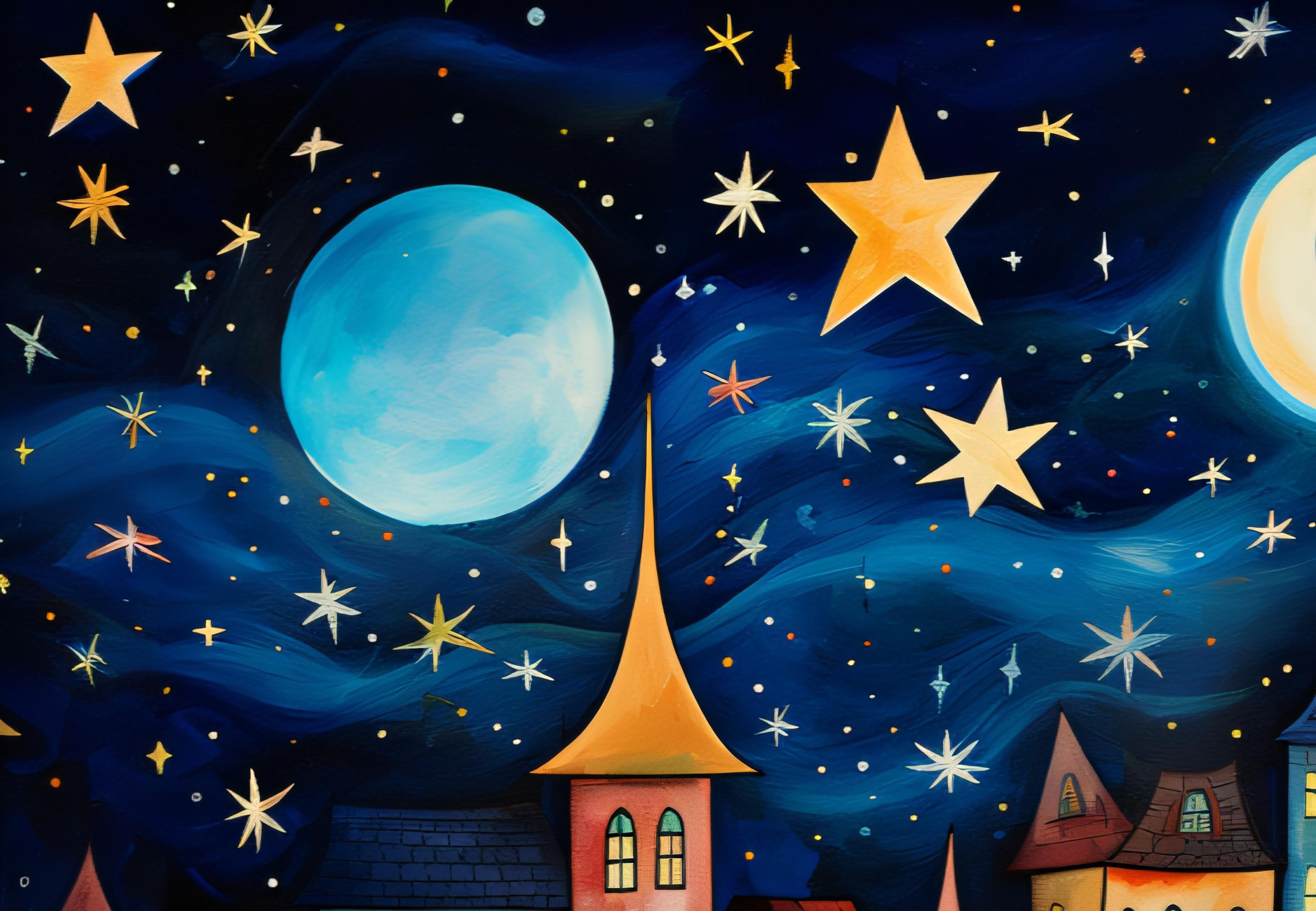 "Midnight Sky" is a celebration of the night, where stars twinkle like notes of a silent symphony over a picturesque town.