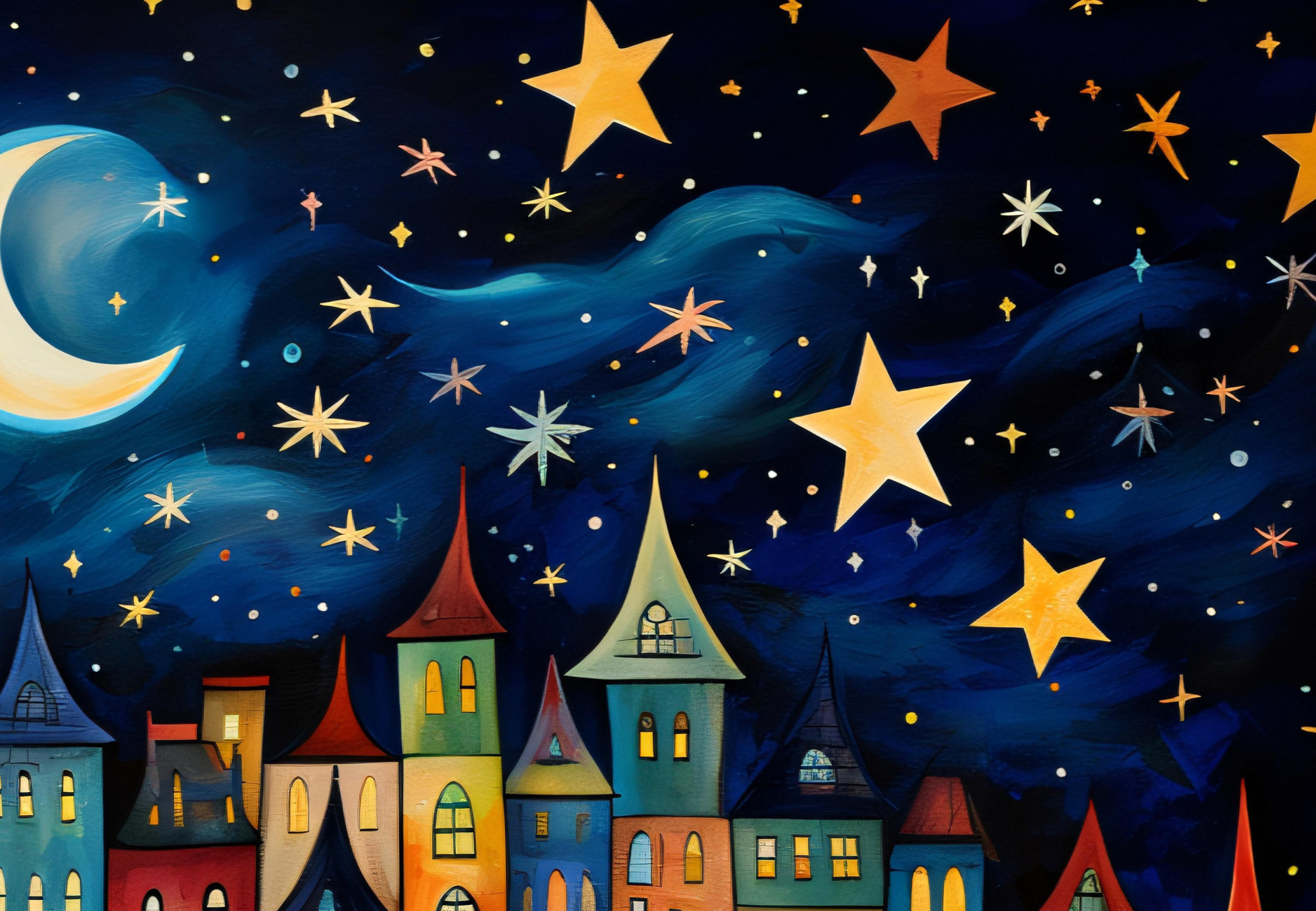 "Midnight Sky" is a celebration of the night, where stars twinkle like notes of a silent symphony over a picturesque town.