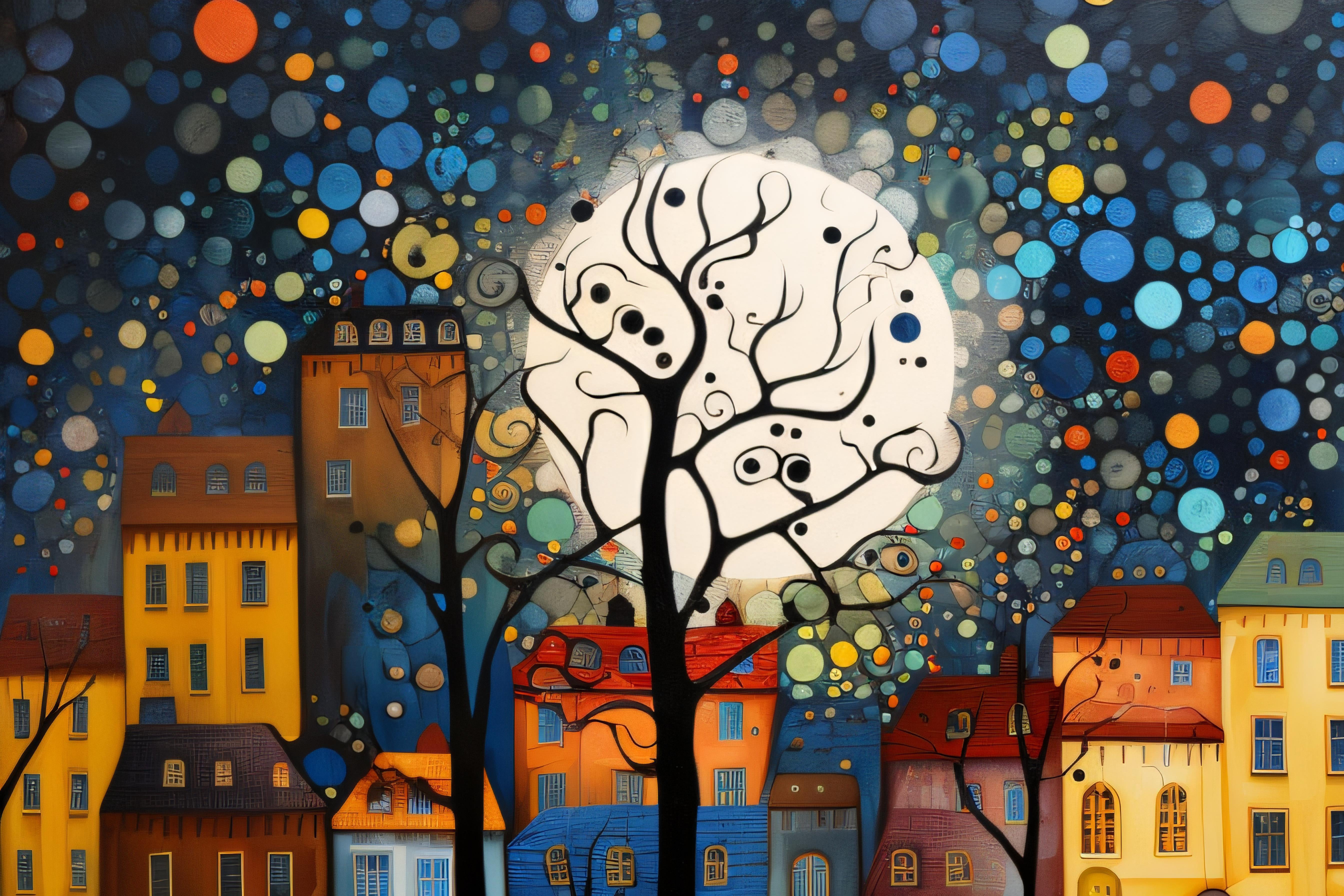 "Stockholm Silhouette" by Felix van Horst is a captivating artwork that depicts the enchanting skyline of a Stockholm neighborhood in a tapestry of vibrant colors and whimsical shapes.