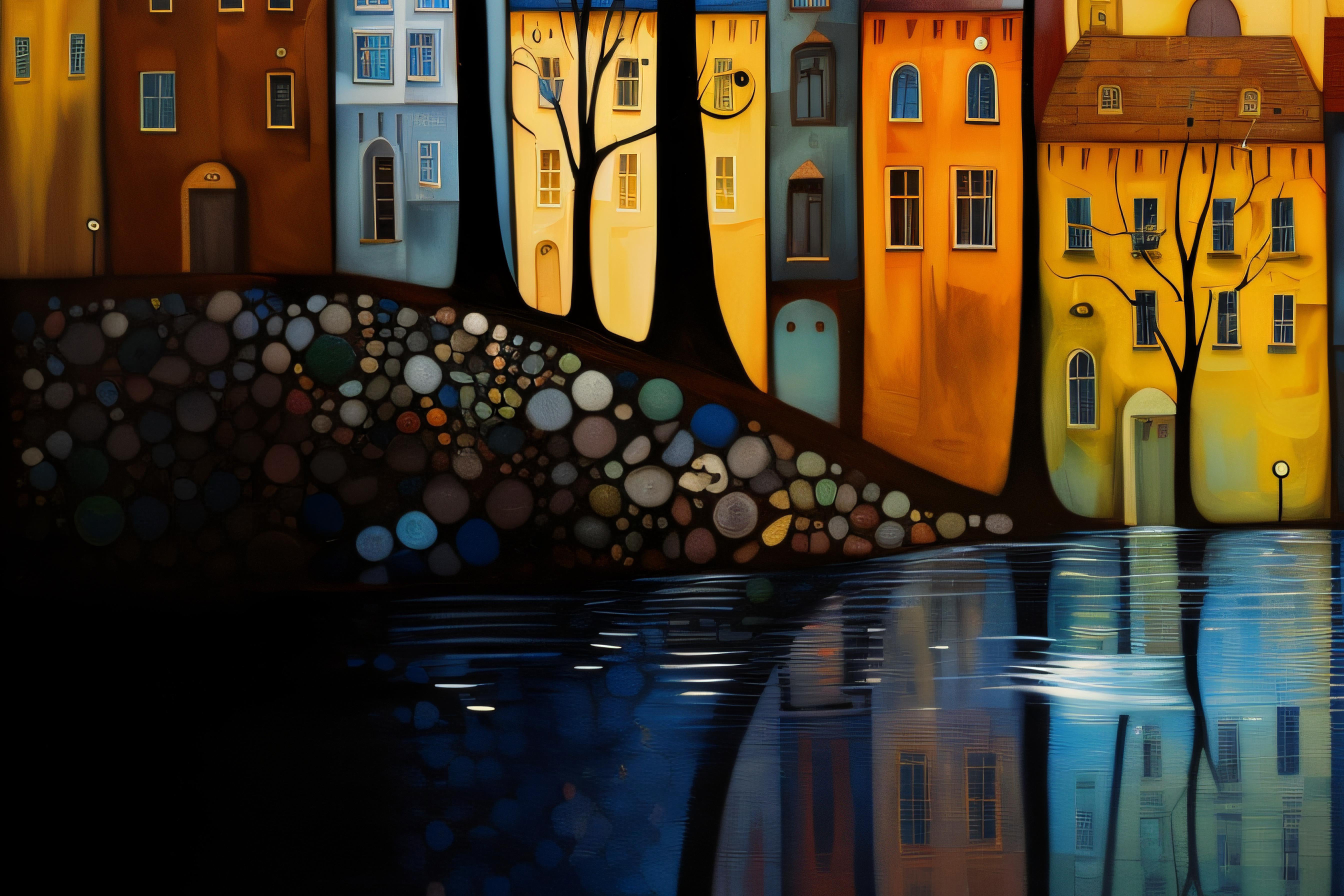 "Stockholm Silhouette" by Felix van Horst is a captivating artwork that depicts the enchanting skyline of a Stockholm neighborhood in a tapestry of vibrant colors and whimsical shapes.