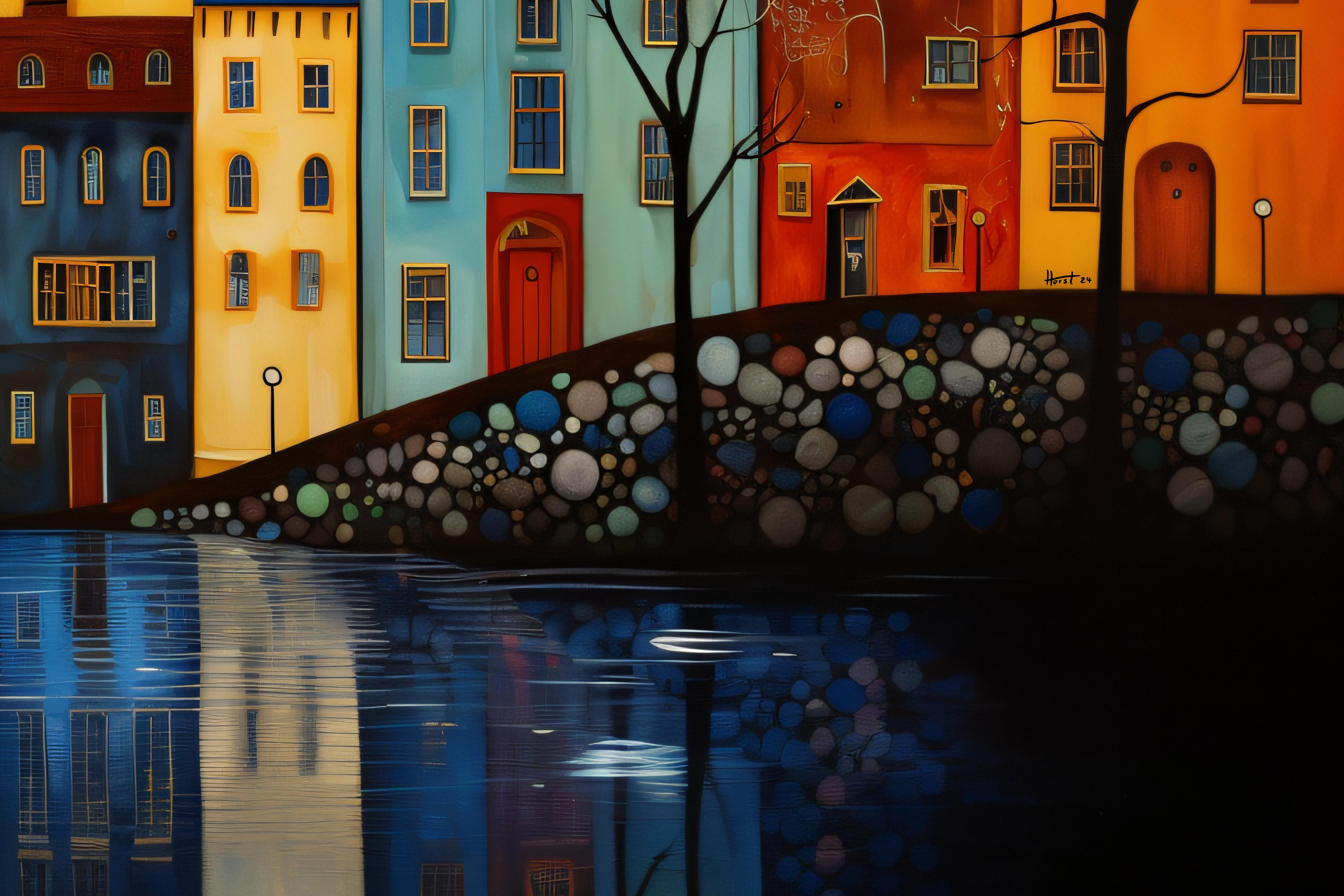 "Stockholm Silhouette" by Felix van Horst is a captivating artwork that depicts the enchanting skyline of a Stockholm neighborhood in a tapestry of vibrant colors and whimsical shapes.