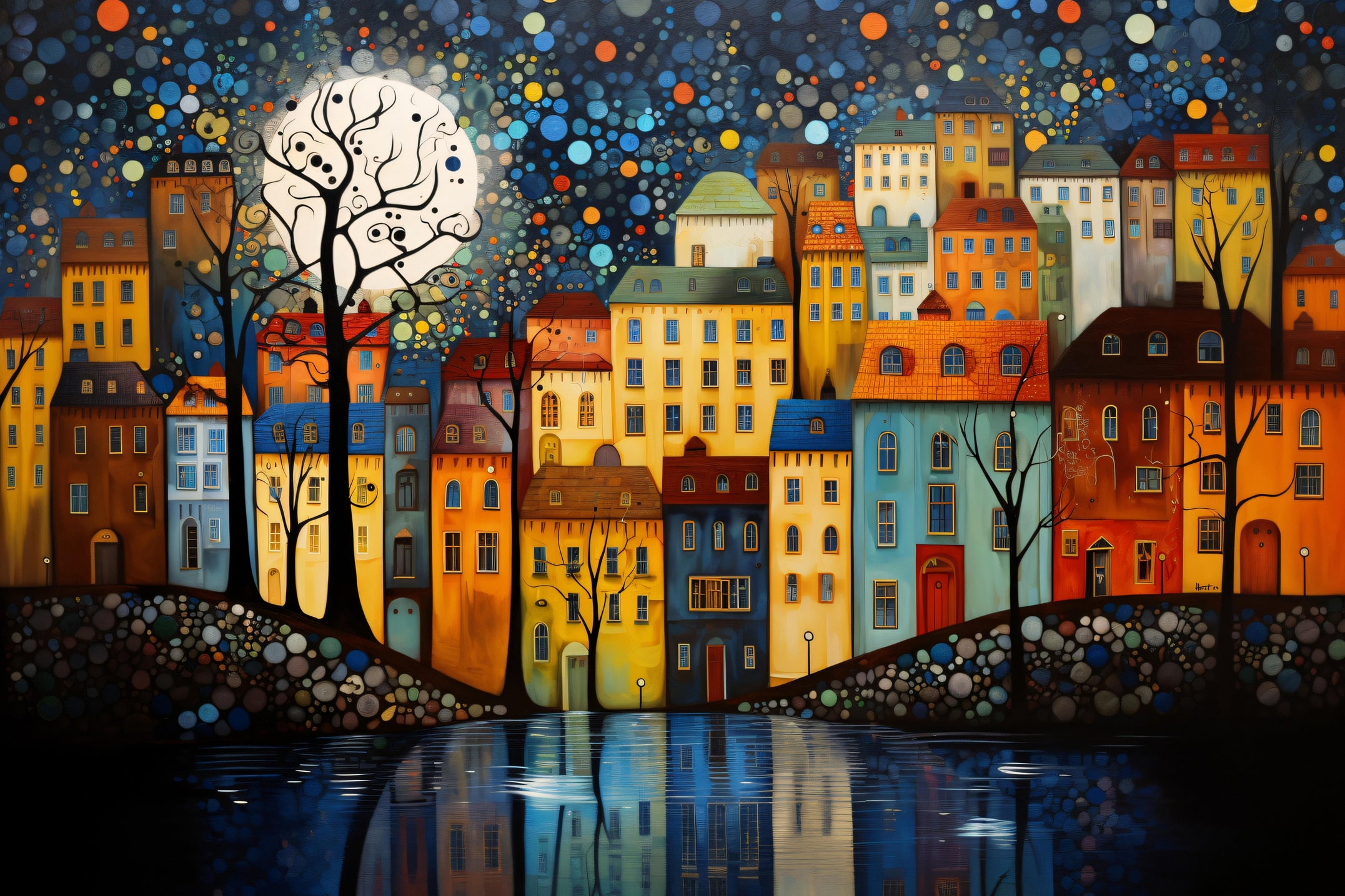 "Stockholm Silhouette" by Felix van Horst is a captivating artwork that depicts the enchanting skyline of a Stockholm neighborhood in a tapestry of vibrant colors and whimsical shapes.