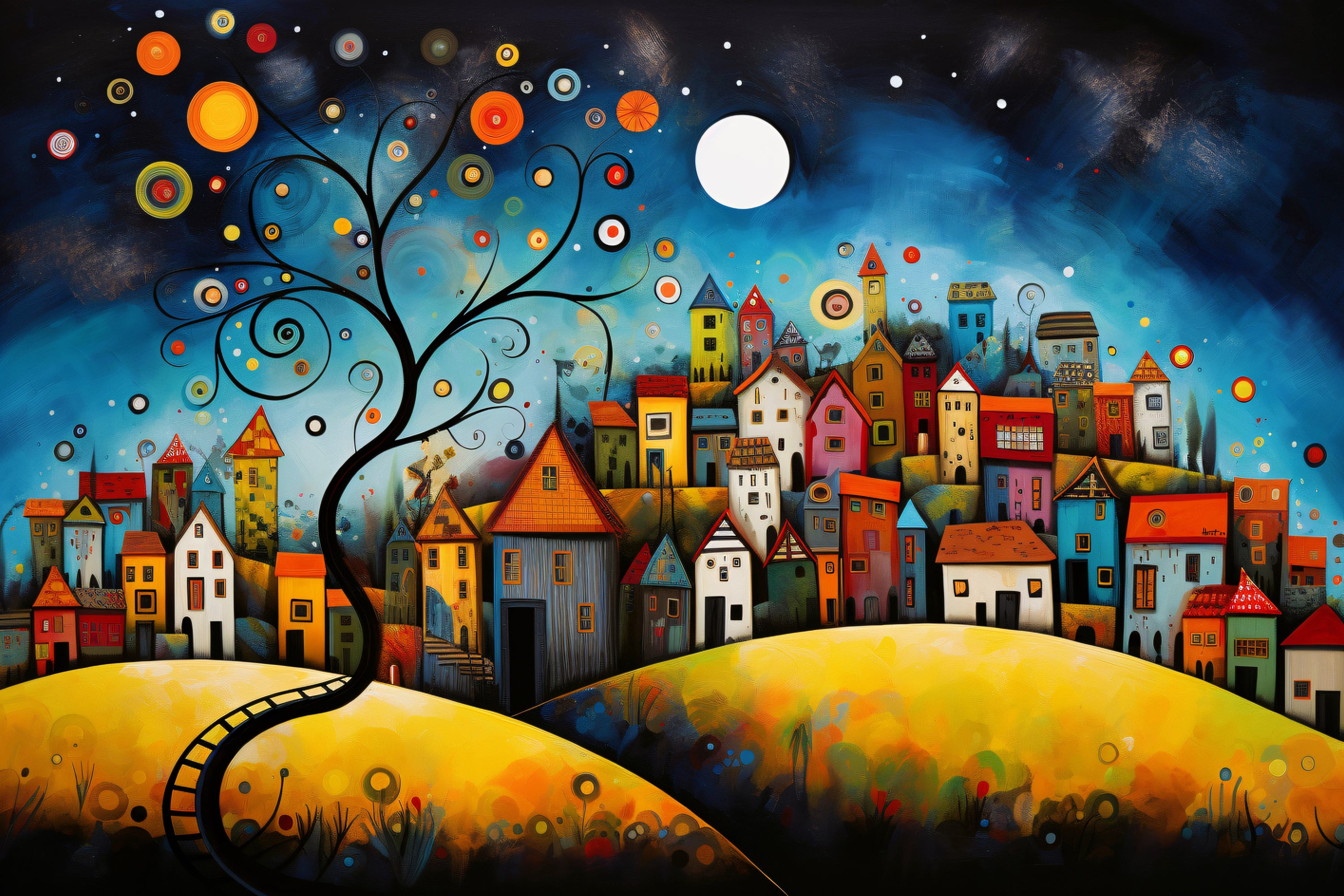 "Mystic Moonrise" by Felix van Horst creates a mystical nighttime narrative with a whimsical tree standing sentinel over a town bathed in moonlight.