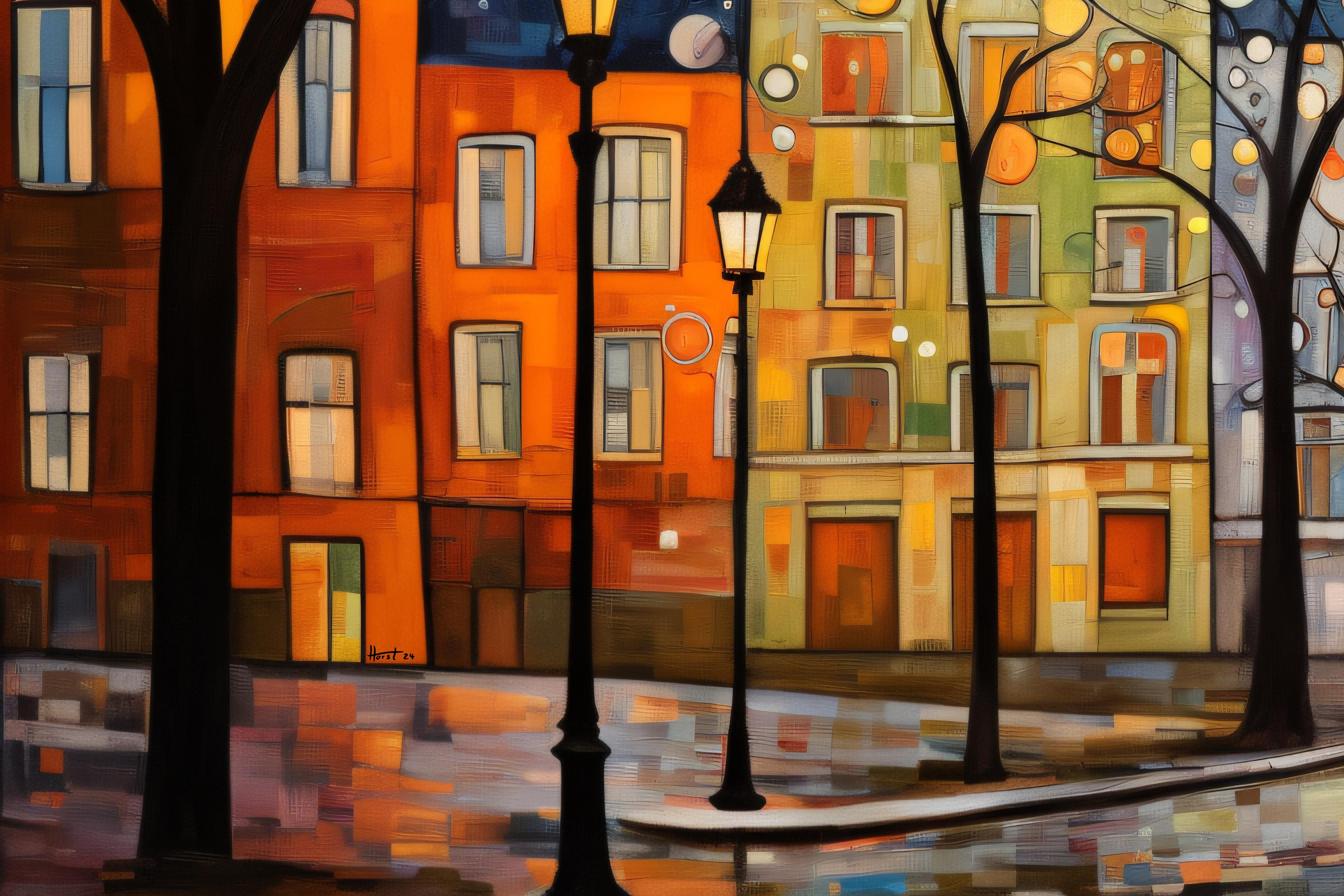 “Stockholm Streets” by Felix van Horst captures the essence of a misty evening in the city, with the streets glistening under the glow of street lamps and the fading light. Bare 