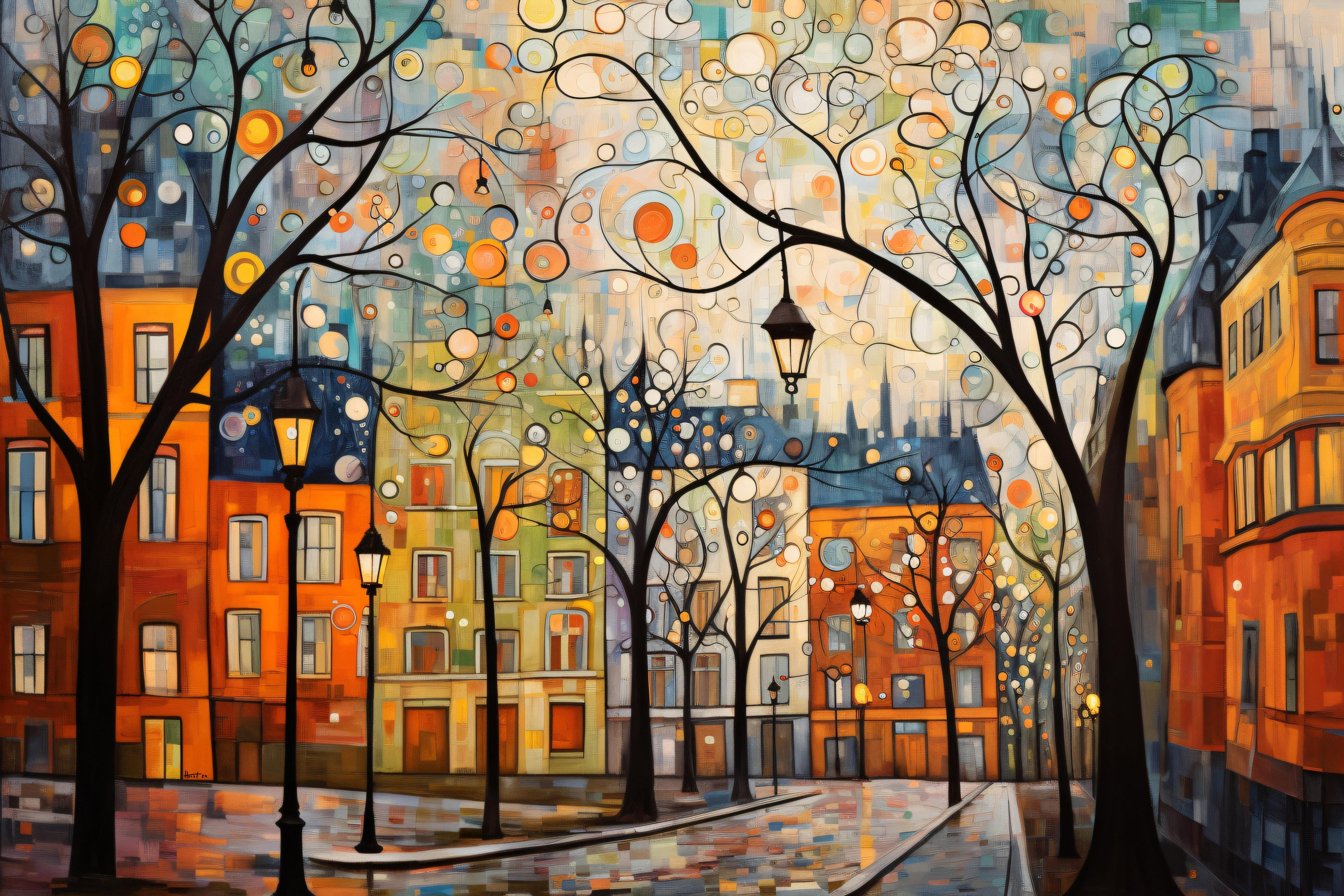 “Stockholm Streets” by Felix van Horst captures the essence of a misty evening in the city, with the streets glistening under the glow of street lamps and the fading light. Bare 