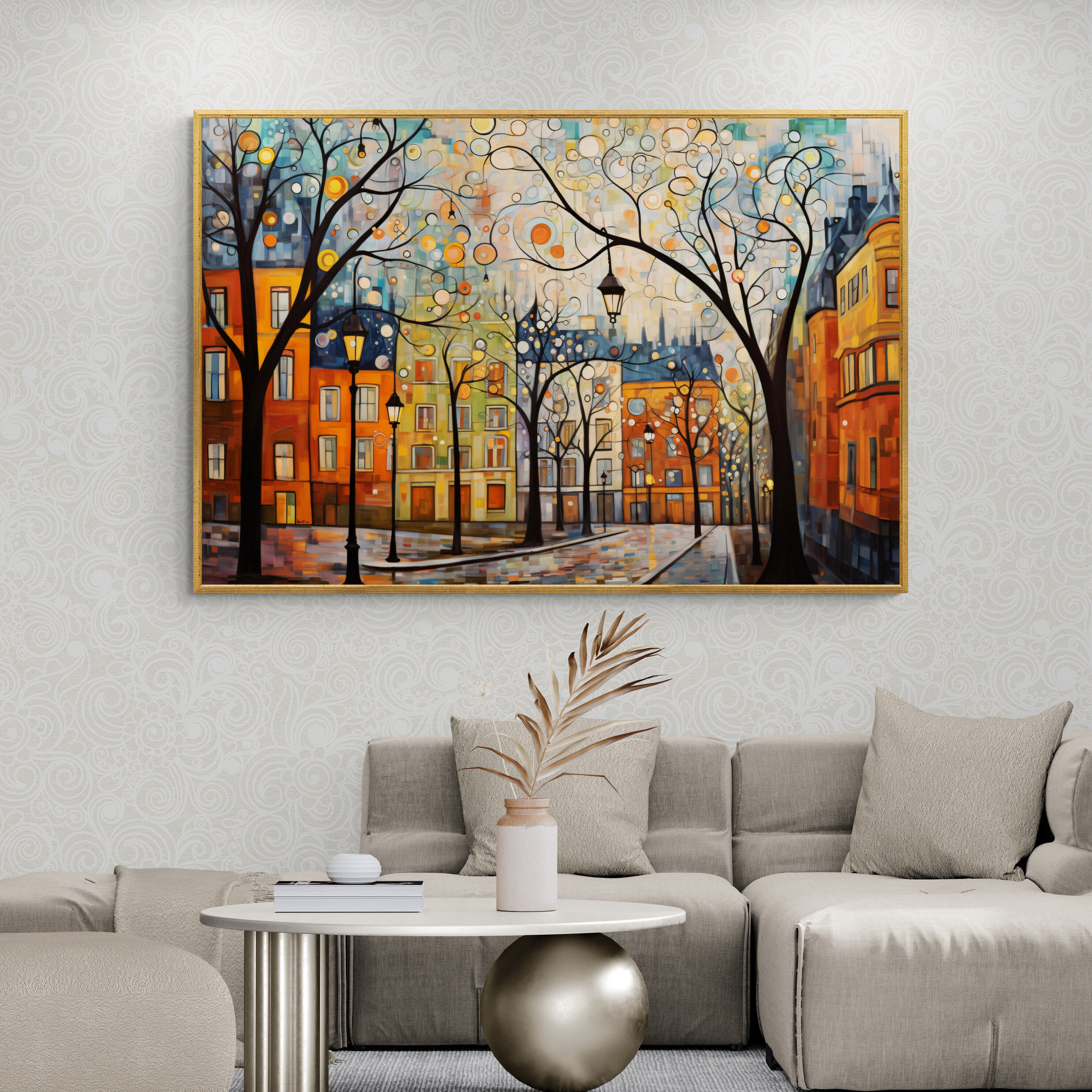 “Stockholm Streets” by Felix van Horst captures the essence of a misty evening in the city, with the streets glistening under the glow of street lamps and the fading light. Bare 