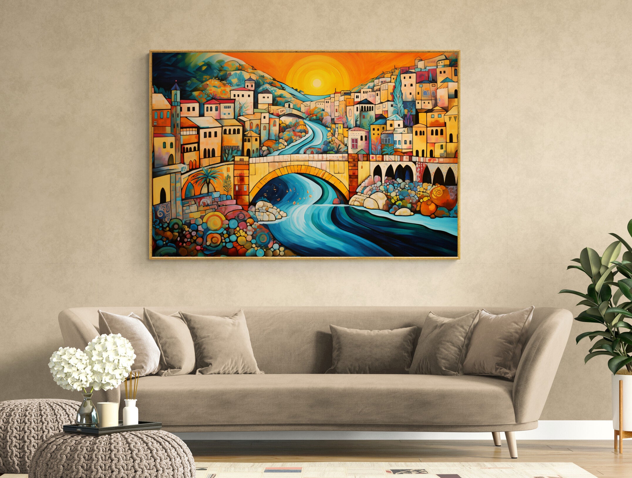 “Sunset Spectrum” by Felix van Horst sweeps the viewer into a captivating riverside town at the golden hour, with the sun casting a radiant glow over an ancient bridge that arches gracefully over the flowing water. 