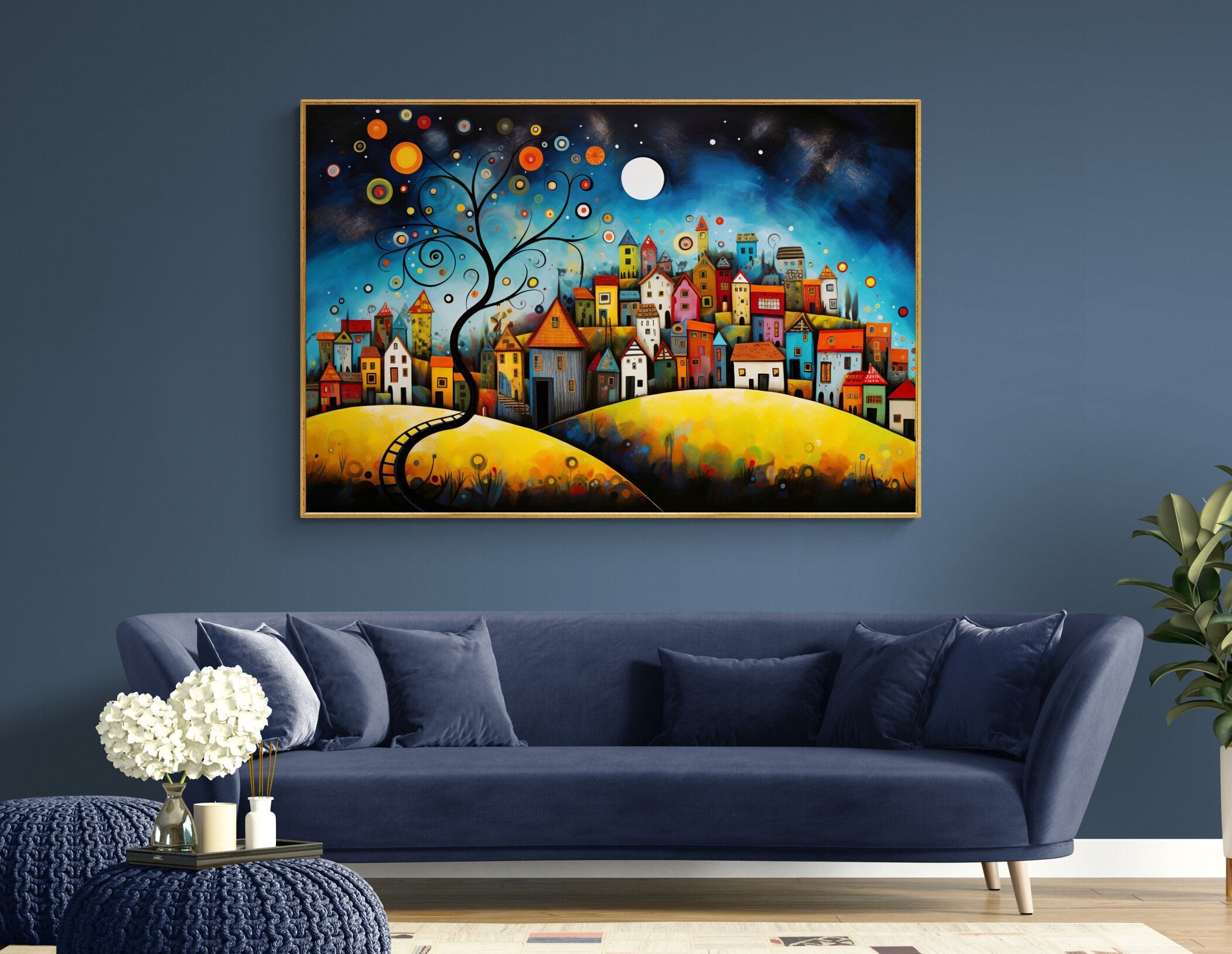 "Mystic Moonrise" by Felix van Horst creates a mystical nighttime narrative with a whimsical tree standing sentinel over a town bathed in moonlight.