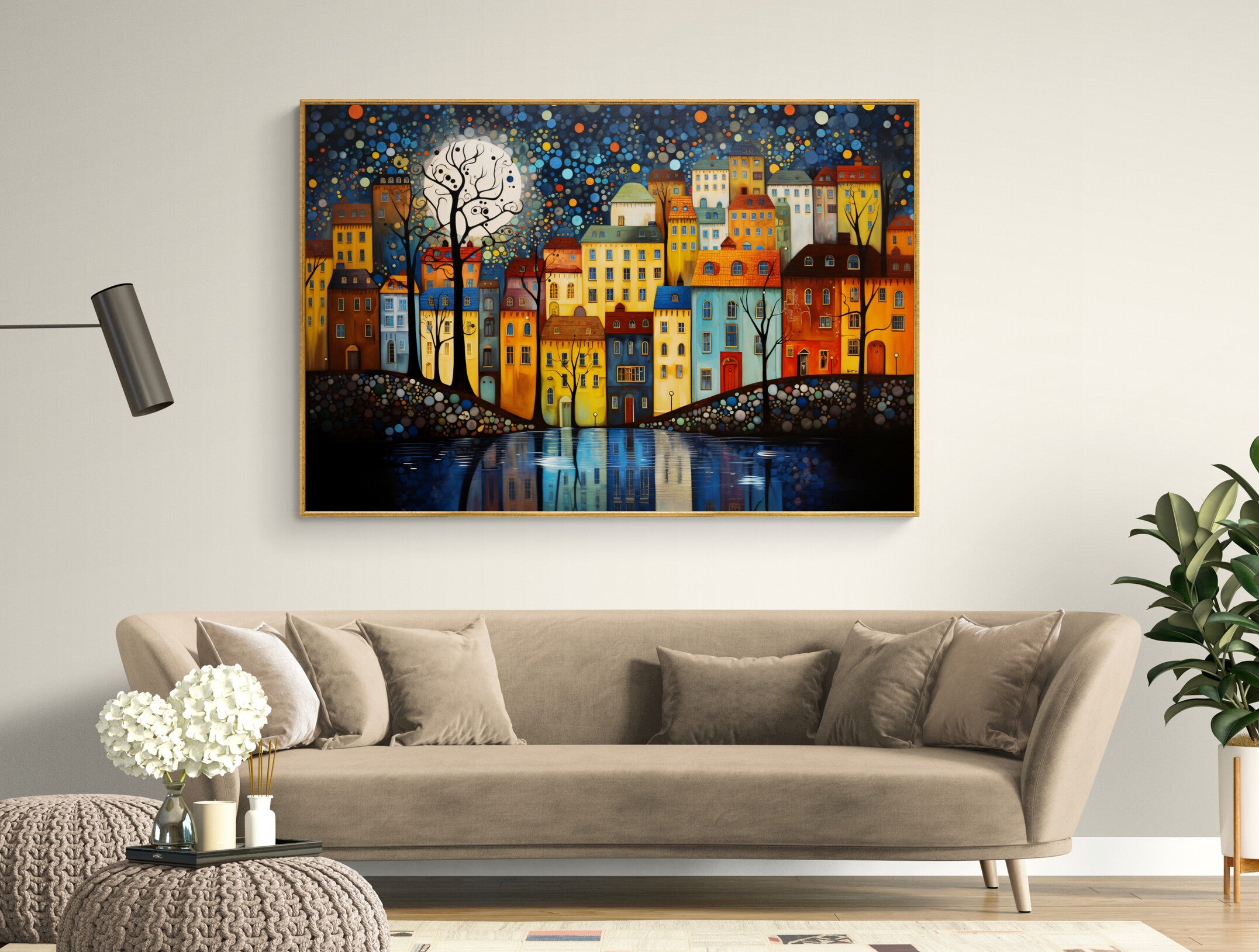 "Stockholm Silhouette" by Felix van Horst is a captivating artwork that depicts the enchanting skyline of a Stockholm neighborhood in a tapestry of vibrant colors and whimsical shapes.