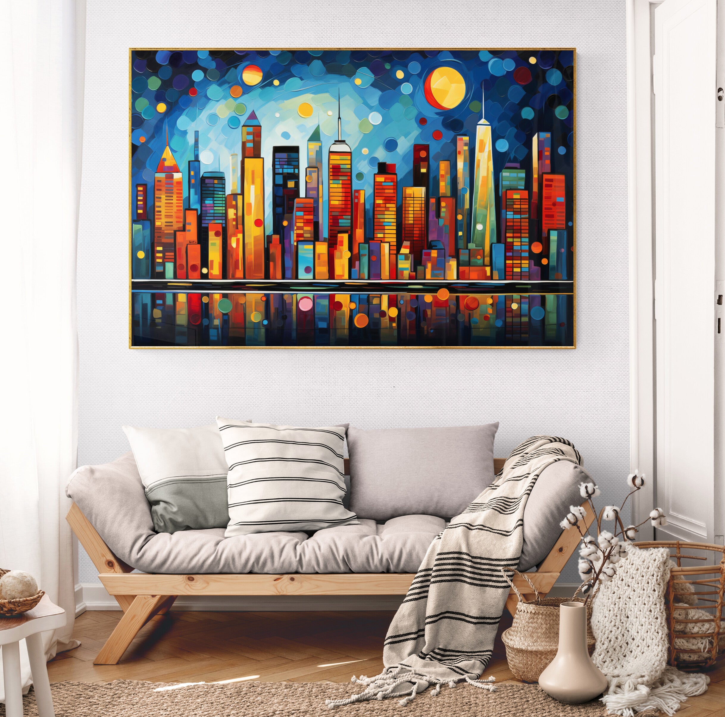 "Metropolis" by Felix van Horst presents a vibrant interpretation of an urban skyline, teeming with energy and movement.